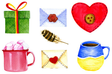 Watercolor set of envelopes, gift box, heart and cups
