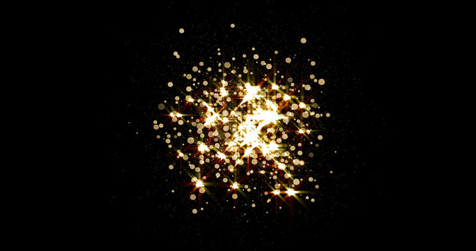 Glow Gold Burst Or Explosion Of Glitter Light With Stars Shine On Background. Magic Golden Sparkles Effect, Glowing Dust Particle With Bokeh Shiny Flare