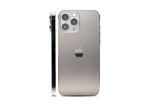 New phone Apple Iphone 13 ProMax phone is gray on a white background, in profile and full-face, close-up, Krasnoyarsk Russia October 22, 2020