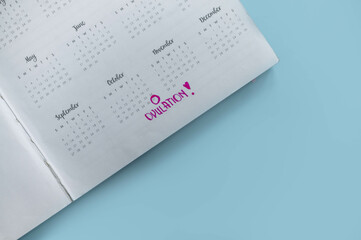 Ovulation day marked in red on calendar. Concept of fertility chart, trying to have baby and...
