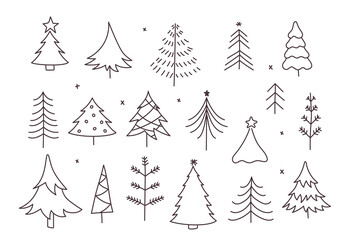 Christmas Tree Vector, svg Xmas Tree. Set of 18 Christmas Tree. Christmas tree line drawing. All trees are made in a minimalistic line art style. New Years and xmas traditional 