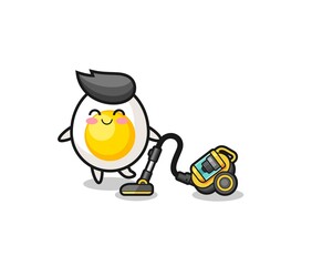 cute boiled egg holding vacuum cleaner illustration