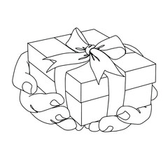 Present box with hands line vector illustration. Wrapped surprise package with ribbon and bow.