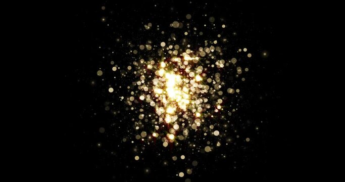 Gold light glitter background with sparkle glow and golden magic explosion. Star dust shine effect on black with golden particles bokeh in shiny glowing shimmer