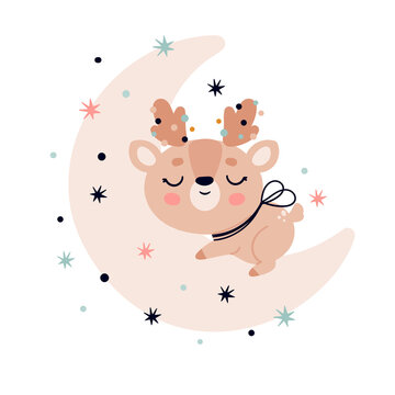 recommend clip art: A cute reindeer sleeps on the moon. Vector illustration
