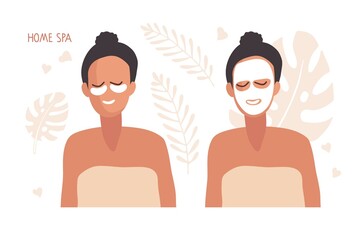 Obraz premium Home spa. Beautiful young woman with white cosmetic mask on her face and woman with eye patches. Hand drawn girl portrait. Self skin care. Flat vector vector background with leaves of plants