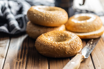Baked bagel with sesame seeds.
