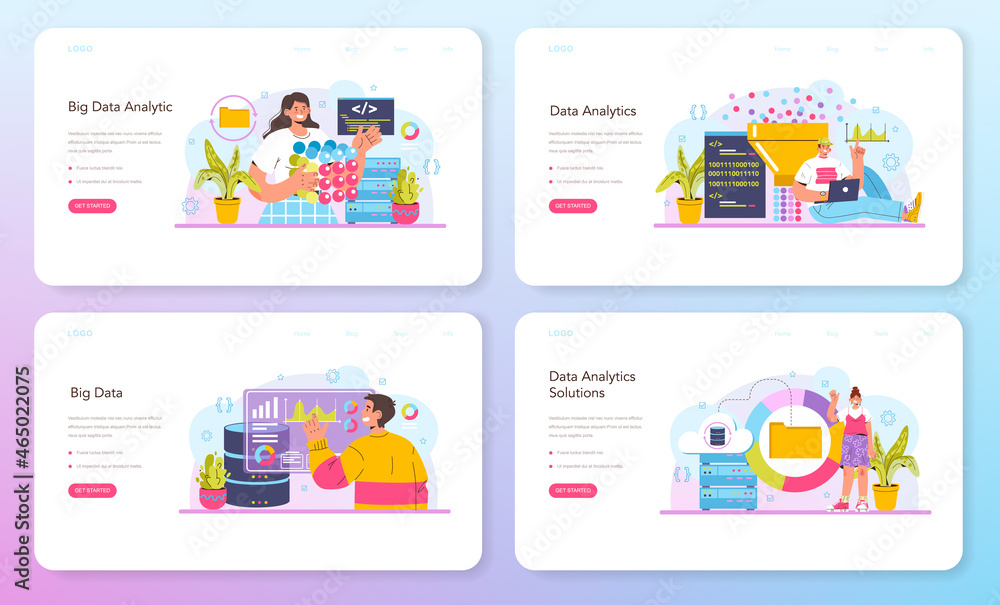 Poster big data analytics web banner or landing page set. big data from different