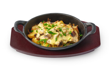 Fried potatoes with mushrooms and cheese isolated on white