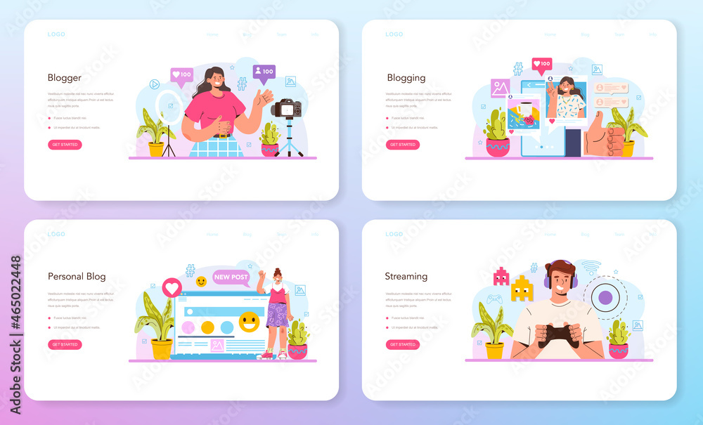Aufkleber blogger web banner or landing page set. character sharing media content