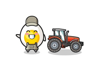 the boiled egg farmer mascot standing beside a tractor