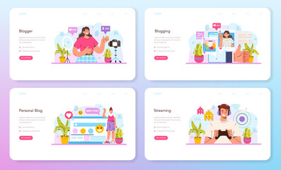 Blogger web banner or landing page set. Character sharing media content