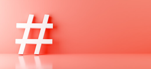 White hashtag symbol on light pink background. Social media metadata tag concept in 3D render