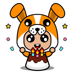 vector cartoon character cute dog animal mascot costume with birthday cake