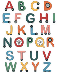 Funny cars font for boys. Colorful letters with wheels. Red, green, orange, yellow, bllue, pink type isolated on white background