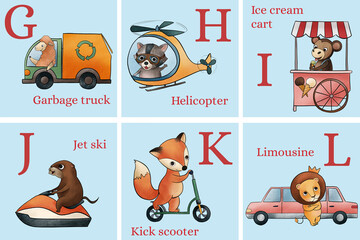 Abc letters with transport and animals for boys and girls. , Garbage truck, helicopter, ice cream cart, jet ski, kick scooter, limusine, letters from G to L. Animal drivers for kids fun and education