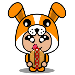vector cute dog cartoon character animal mascot costume eating hot dog