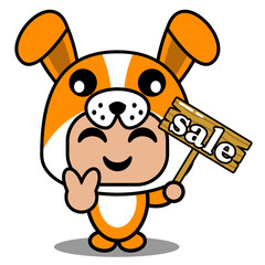 vector cartoon cute dog animal mascot costume character holding a selling board