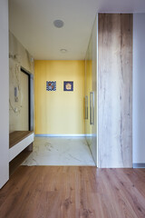 a minimalistic hallway with a large wardrobe with a mirror