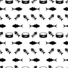 Seamless vector pattern with cat food. Vector pattern of fish and food bowls. Animal print for textiles. Silhouettes of fish skeletons and pet food.