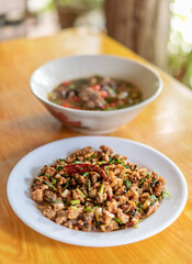 spicy minced meat with mixed vegetables on dish