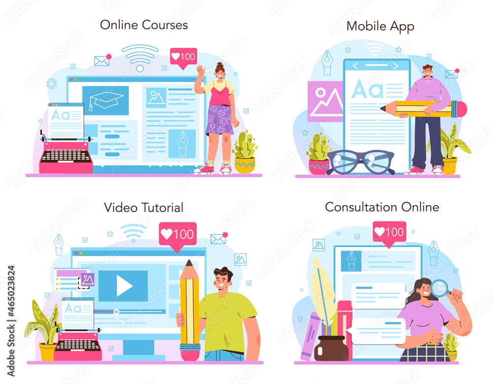 Poster copywriter online service or platform set. writing texts and layout designing
