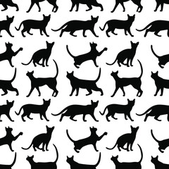 Vector illustration of cats in different poses. Animal print for pet store. Pet print. Pattern of silhouettes of cats from different angles.