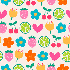 Colorful cute fruit and flower seamless pattern background.