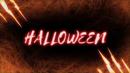 Text Halloween on black background. Background has scratch of monster. Text is neon red light. Use for shirt pattern, cover , and website.