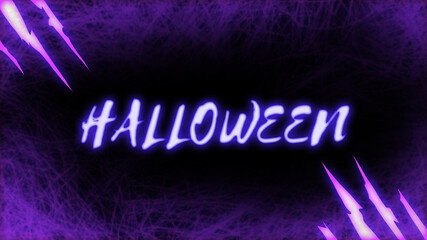 Text Halloween on black background. Background has scratch of monster. Text is neon purple light. 