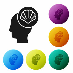 Black Scallop sea shell icon isolated on white background. Seashell sign. Set icons in color circle buttons. Vector