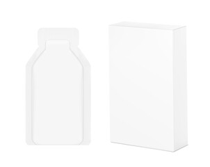 Gel sachet with box mockup. Vector illustration isolated on white background. Easy to use for food, medical, cosmetic and etc. EPS10.	