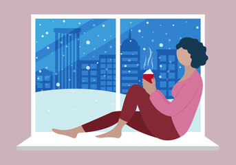 Winter evening. Woman sitting at window. Snowy weather. Silhouette of night city on background. Vector flat concept illustration