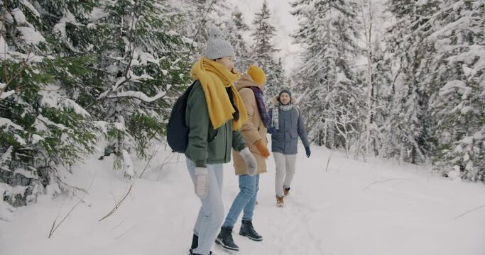 Slow motion of joyful Asian lady walking in winter forest with friends laughing having fun together. Friendship and tourism concept.