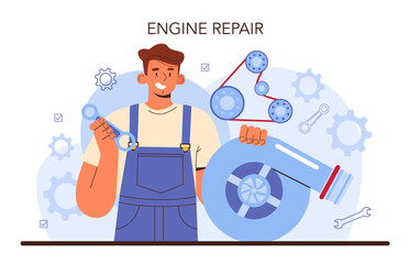 Car repair service. Automobile engine got fixed in car workshop