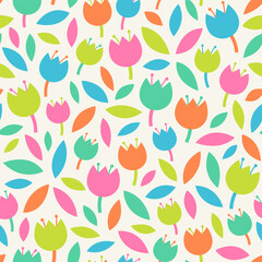 Fototapeta na wymiar Cute hand drawn tulip with leaf seamless pattern background.