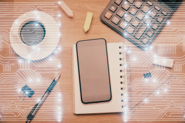 Multi exposure of technology theme drawing over table with phone. Top view. Concept of hightech.
