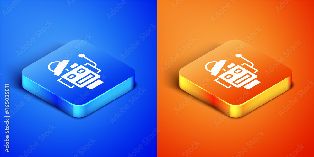 Poster isometric robot icon isolated on blue and orange background. artificial intelligence, machine learni