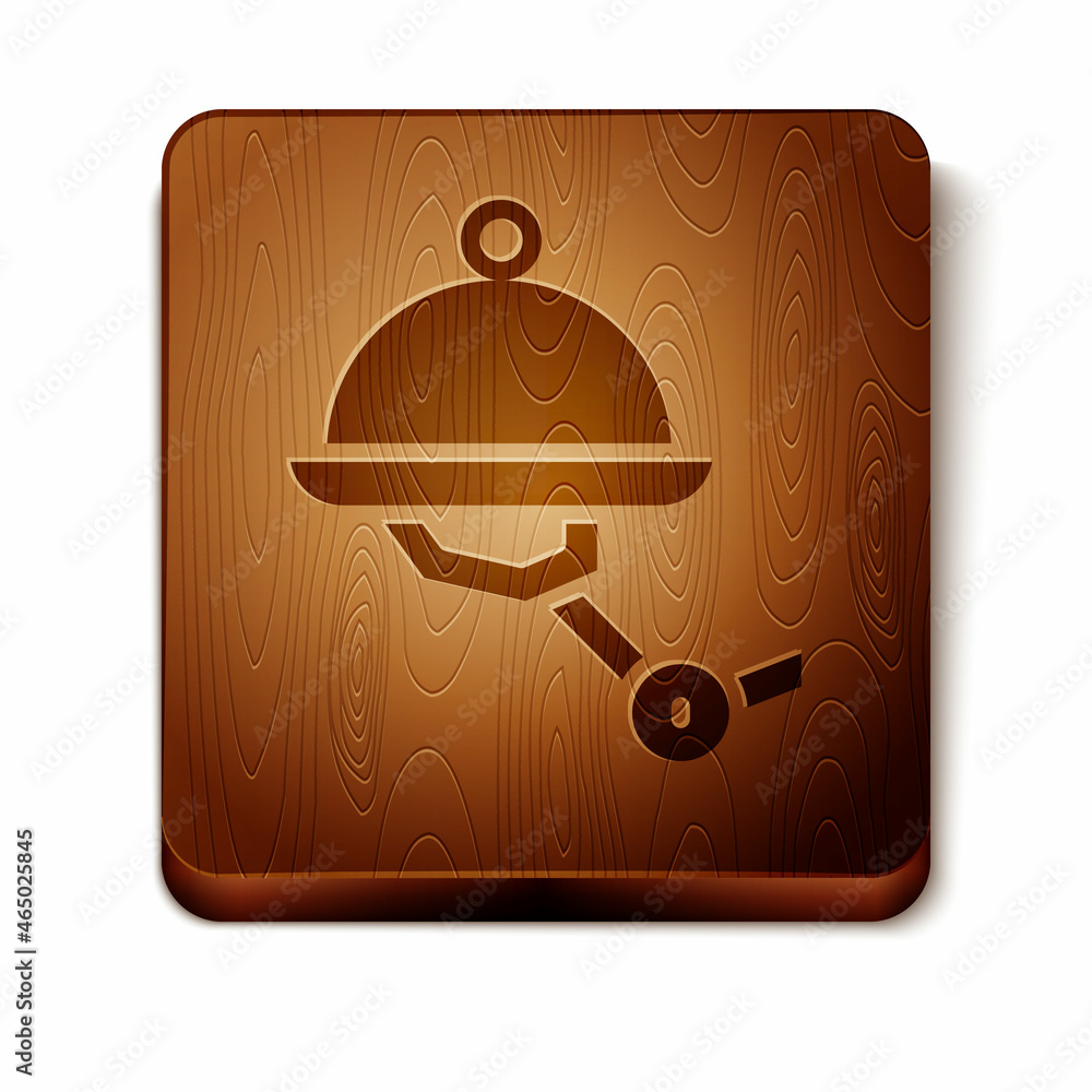 Poster brown waiter robot with covered plate icon isolated on white background. artificial intelligence, ma
