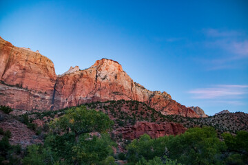 Fototapeta na wymiar morning sunlight illuminating the canyons in Zion national park in Utah under a blue ,clear sky.