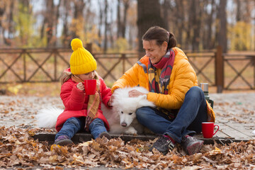 mom and  child daughter walk with a dog and  drinking hot tea from thermos in autumn park.
