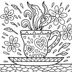 Tea coffee cup drink chamomile cosiness hygge flower herbal sweethome homesweethome tasty scent fragrance lined doodle coloring book page black and white background art therapy relax psychology lace 