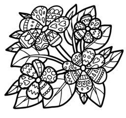 Flower blossom plant coloring book page relax fragrance cute pretty lace pattern heart love spring lined doodle coloring book page black and white background art therapy relax psychology lace