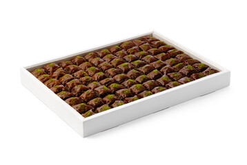 Turkish baklava dessert in a white box isolated on white.