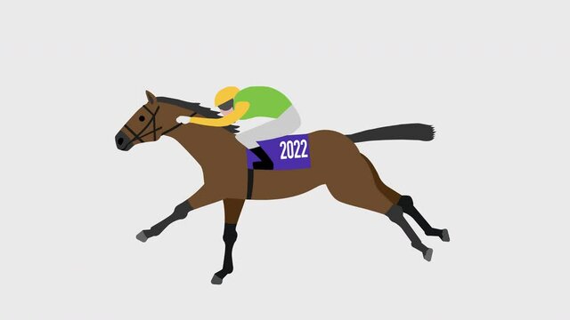 走る競走馬とジョッキーのイラストのループアニメーション（4K解像度、背景透過）