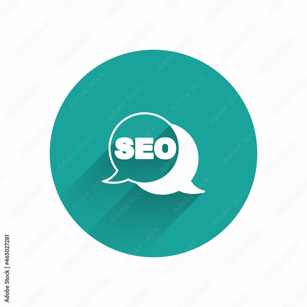 Aufkleber white seo optimization icon isolated with long shadow. green circle button. vector