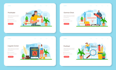 Proofreader web banner or landing page set. Printing house technology process