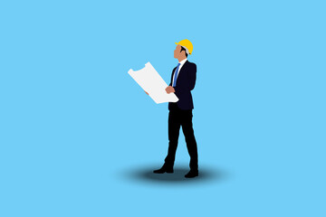 Vector illustration of engineers man holding a blueprints cartoon character on blue background