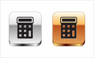 Black Calculator icon isolated on white background. Accounting symbol. Business calculations mathematics education and finance. Silver and gold square buttons. Vector