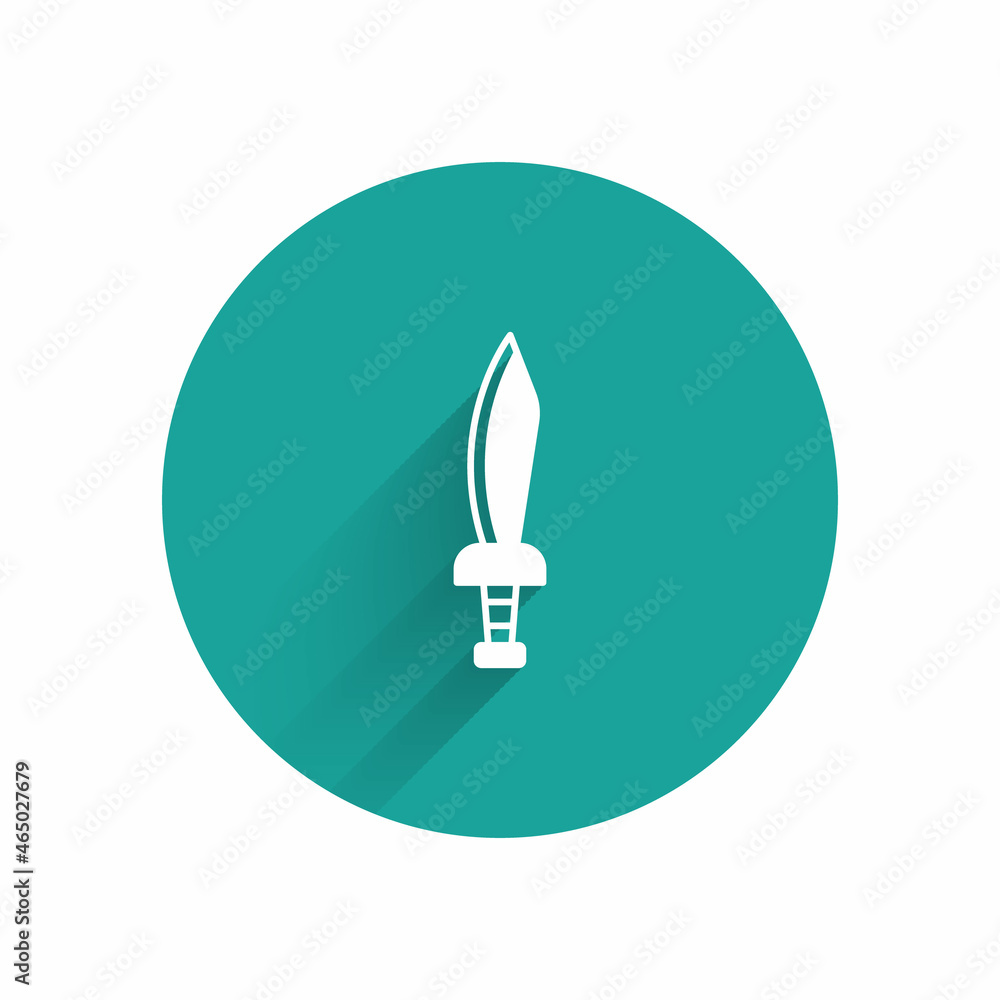 Sticker White Pirate sword icon isolated with long shadow background. Sabre sign. Green circle button. Vector